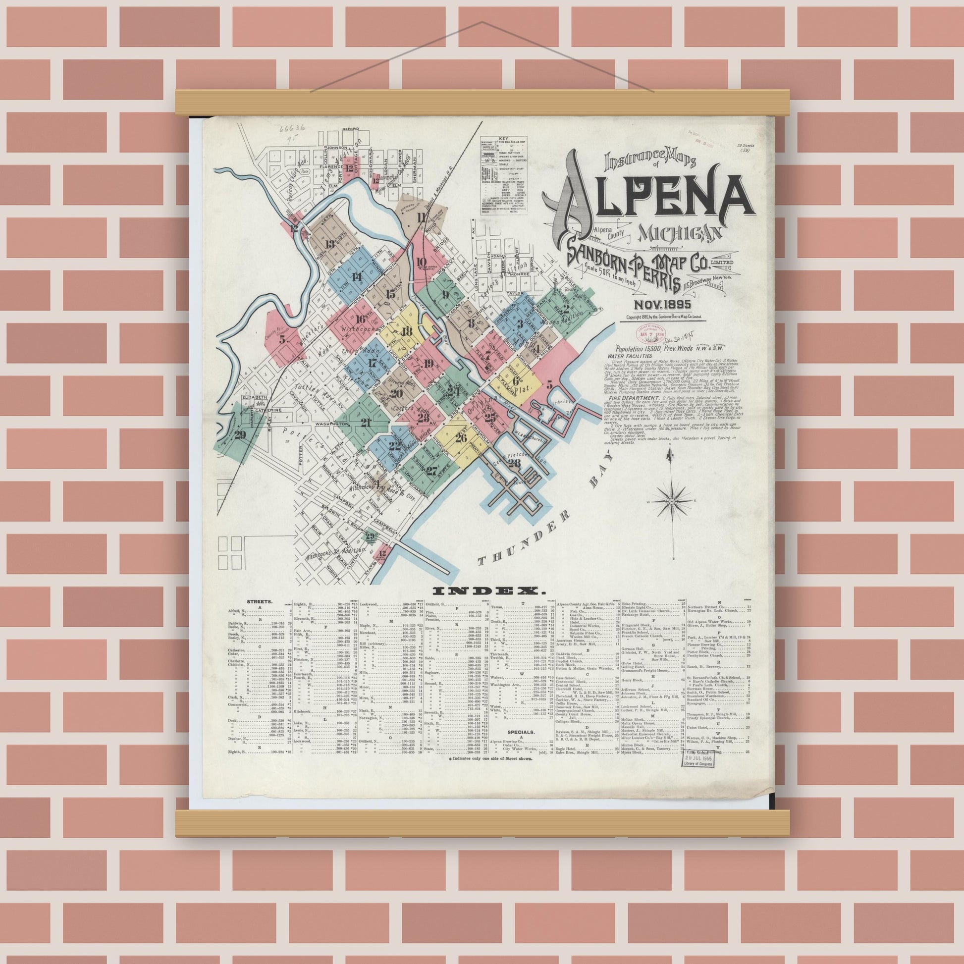 Old map wall art mockup — magnetic wood frame on brick wall — Sanborn Fire Insurance Map from Alpena, Alpena County, Michigan (1895), Sheet #0001
