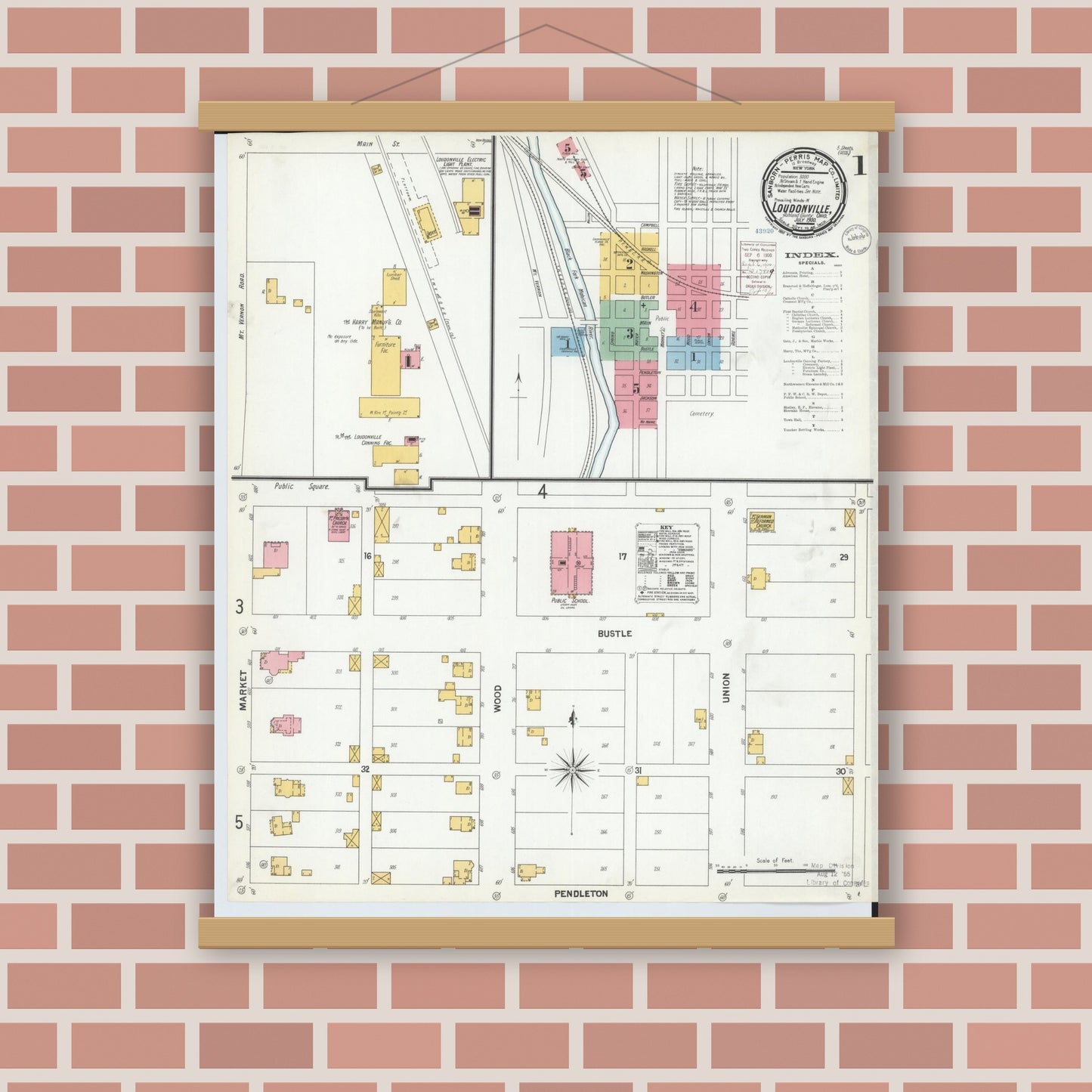 Old map wall art mockup — magnetic wood frame on brick wall — Sanborn Fire Insurance Map from Loudonville, Ashland County, Ohio (1900) - Complete Map Set