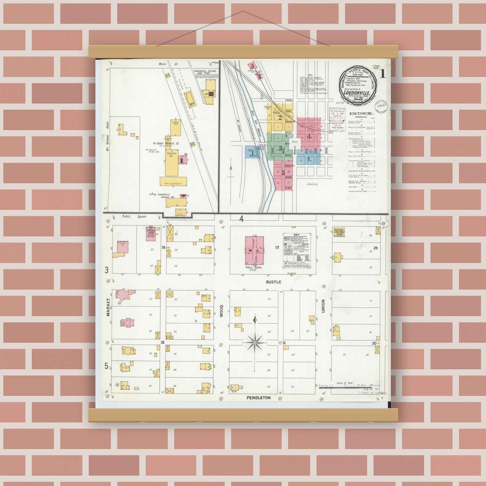 Old map wall art mockup — magnetic wood frame on brick wall — Sanborn Fire Insurance Map from Loudonville, Ashland County, Ohio (1900) - Complete Map Set