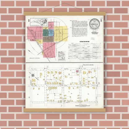 Old map wall art mockup — magnetic wood frame on brick wall — Sanborn Fire Insurance Map from Farmville, Pitt County, North Carolina (1923), Sheet #0001