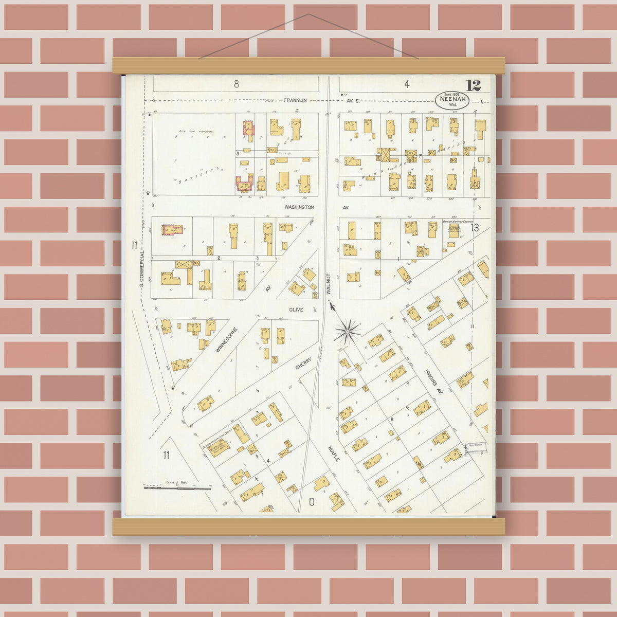 Old map wall art mockup — magnetic wood frame on brick wall — Sanborn Fire Insurance Map from Neenah, Winnebago County, Wisconsin (1906), Sheet #0012