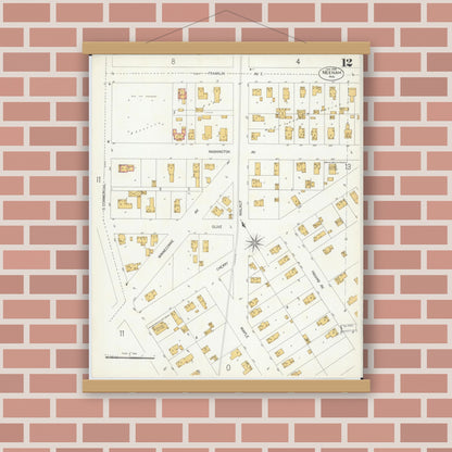 Old map wall art mockup — magnetic wood frame on brick wall — Sanborn Fire Insurance Map from Neenah, Winnebago County, Wisconsin (1906), Sheet #0012