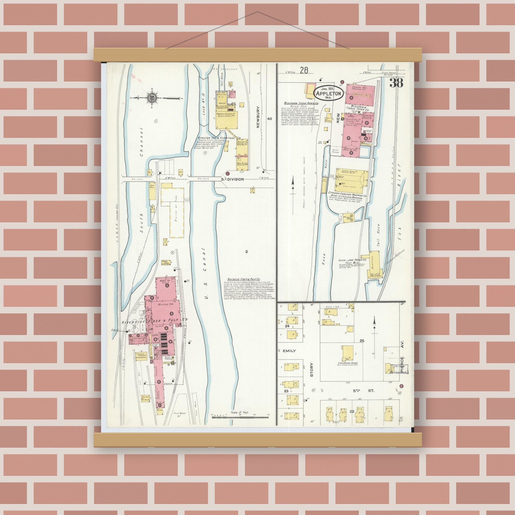 Old map wall art mockup — magnetic wood frame on brick wall — Sanborn Fire Insurance Map from Appleton, Outagamie County, Wisconsin (1911), Sheet #0038