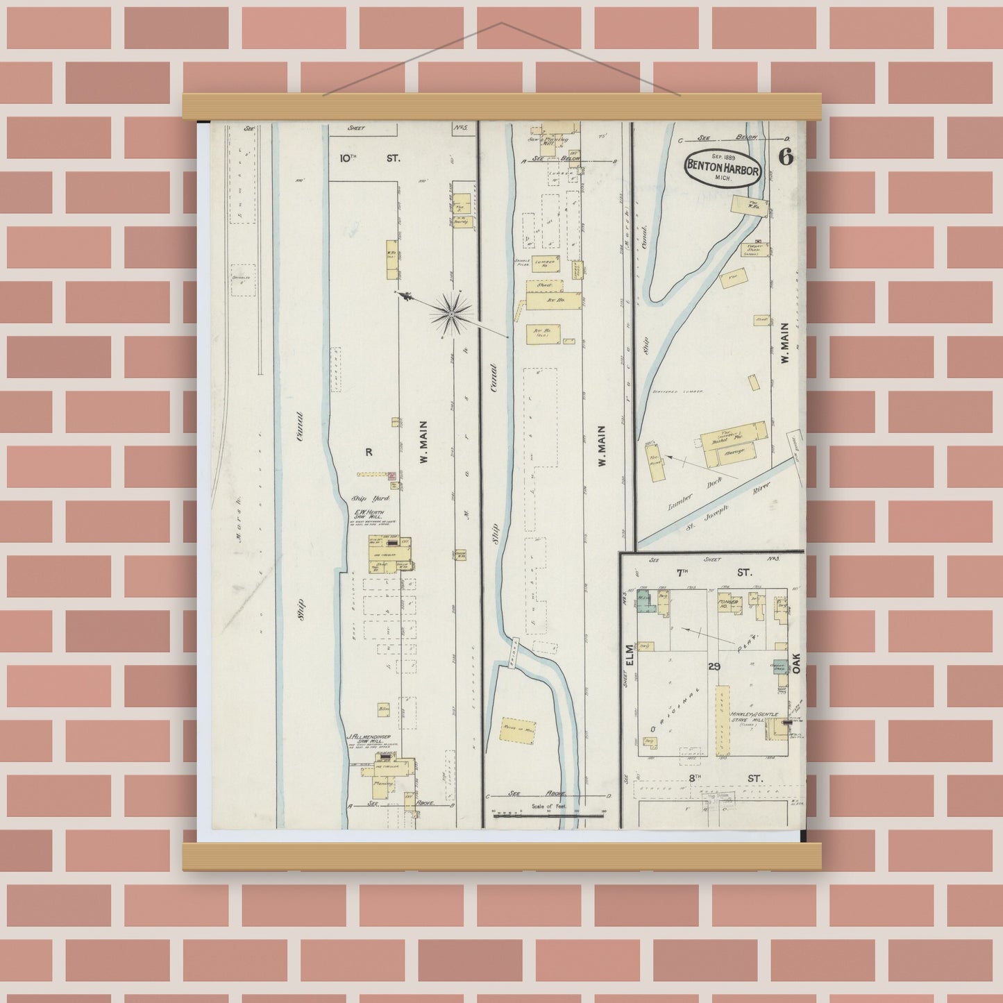 Old map wall art mockup — magnetic wood frame on brick wall — Sanborn Fire Insurance Map from Benton Harbor, Berrien County, Michigan (1889), Sheet #0006