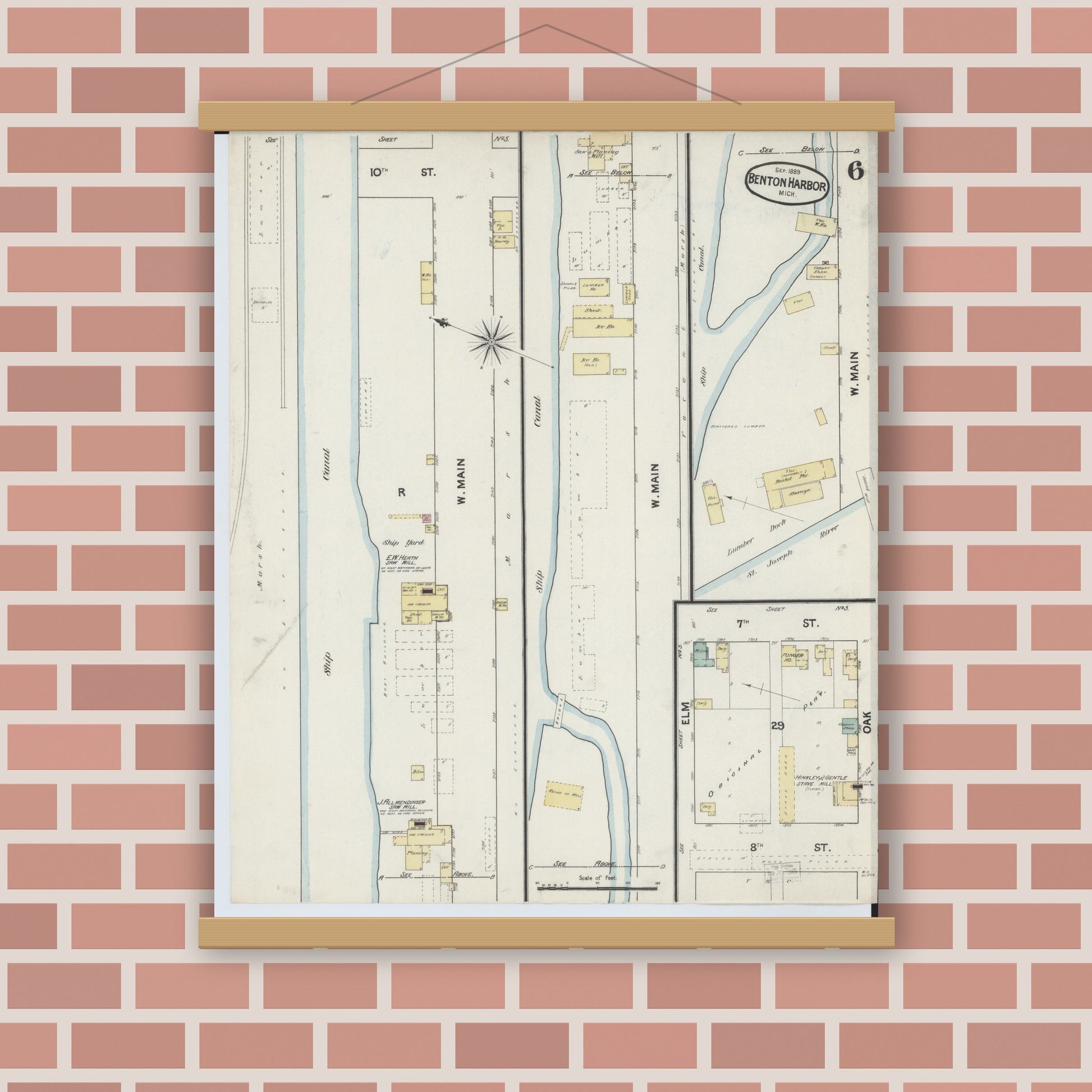 Old map wall art mockup — magnetic wood frame on brick wall — Sanborn Fire Insurance Map from Benton Harbor, Berrien County, Michigan (1889), Sheet #0006