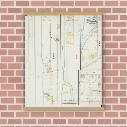 Old map wall art mockup — magnetic wood frame on brick wall — Sanborn Fire Insurance Map from Benton Harbor, Berrien County, Michigan (1889), Sheet #0006