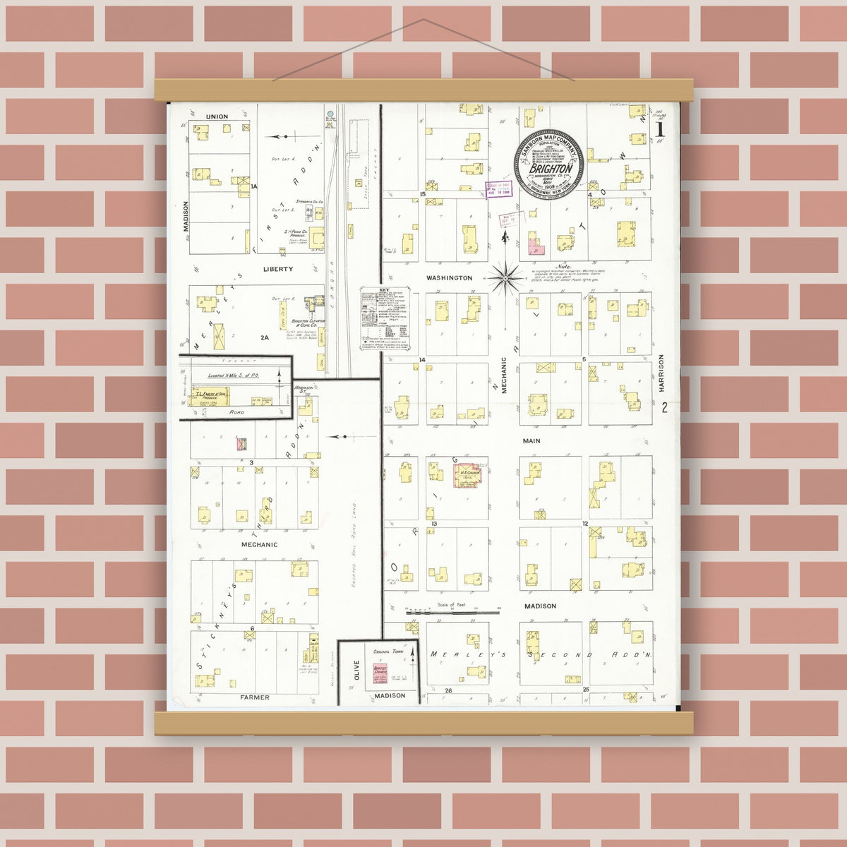 Old map wall art mockup — magnetic wood frame on brick wall — Sanborn Fire Insurance Map from Brighton, Washington County, Iowa (1909), Sheet #0001