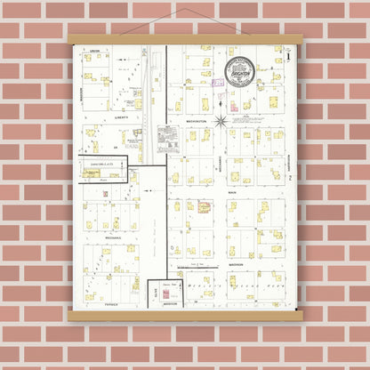 Old map wall art mockup — magnetic wood frame on brick wall — Sanborn Fire Insurance Map from Brighton, Washington County, Iowa (1909), Sheet #0001