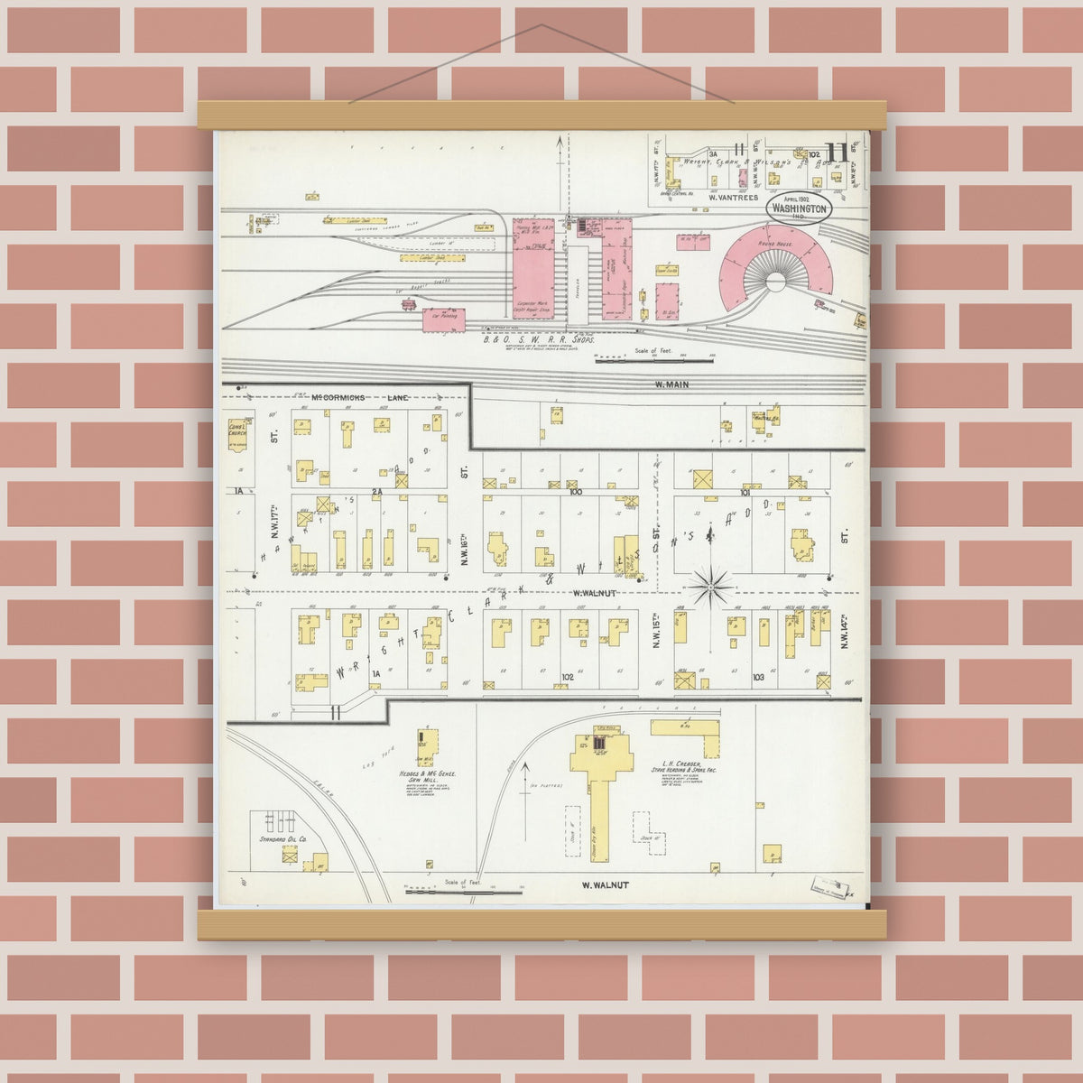 Old map wall art mockup — magnetic wood frame on brick wall — Sanborn Fire Insurance Map from Washington, Daviess County, Indiana (1902), Sheet #0011