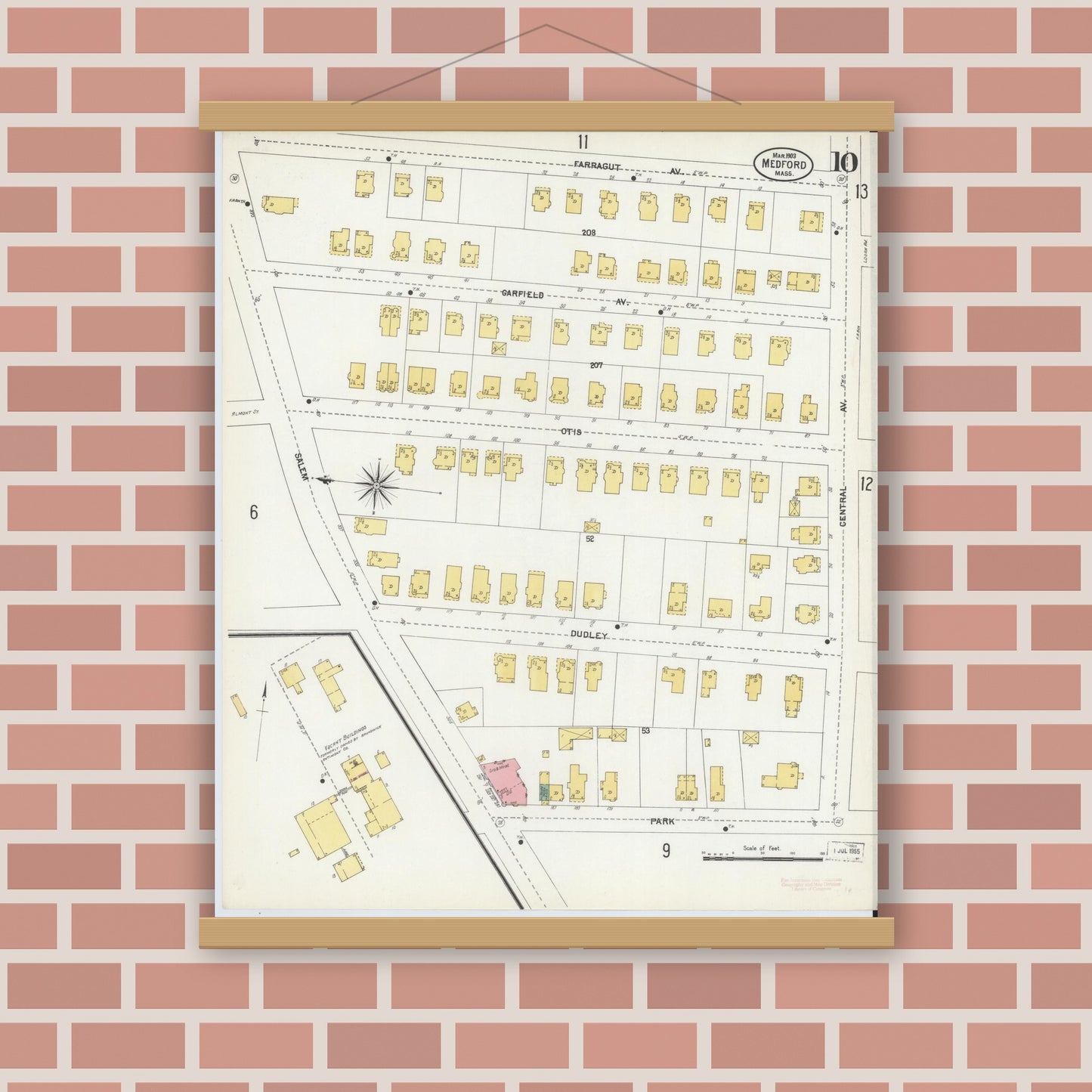 Old map wall art mockup — magnetic wood frame on brick wall — Sanborn Fire Insurance Map from Medford, Middlesex County, Massachusetts (1903), Sheet #0010
