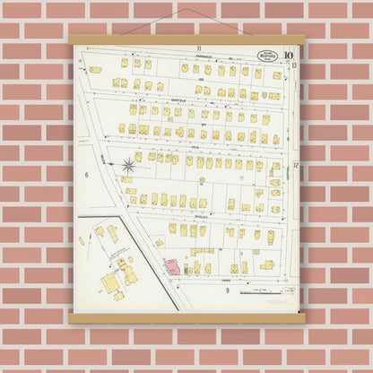 Old map wall art mockup — magnetic wood frame on brick wall — Sanborn Fire Insurance Map from Medford, Middlesex County, Massachusetts (1903), Sheet #0010