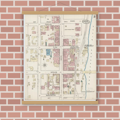 Old map wall art mockup — magnetic wood frame on brick wall — Sanborn Fire Insurance Map from Towanda, Bradford County, Pennsylvania (1885), Sheet #0003