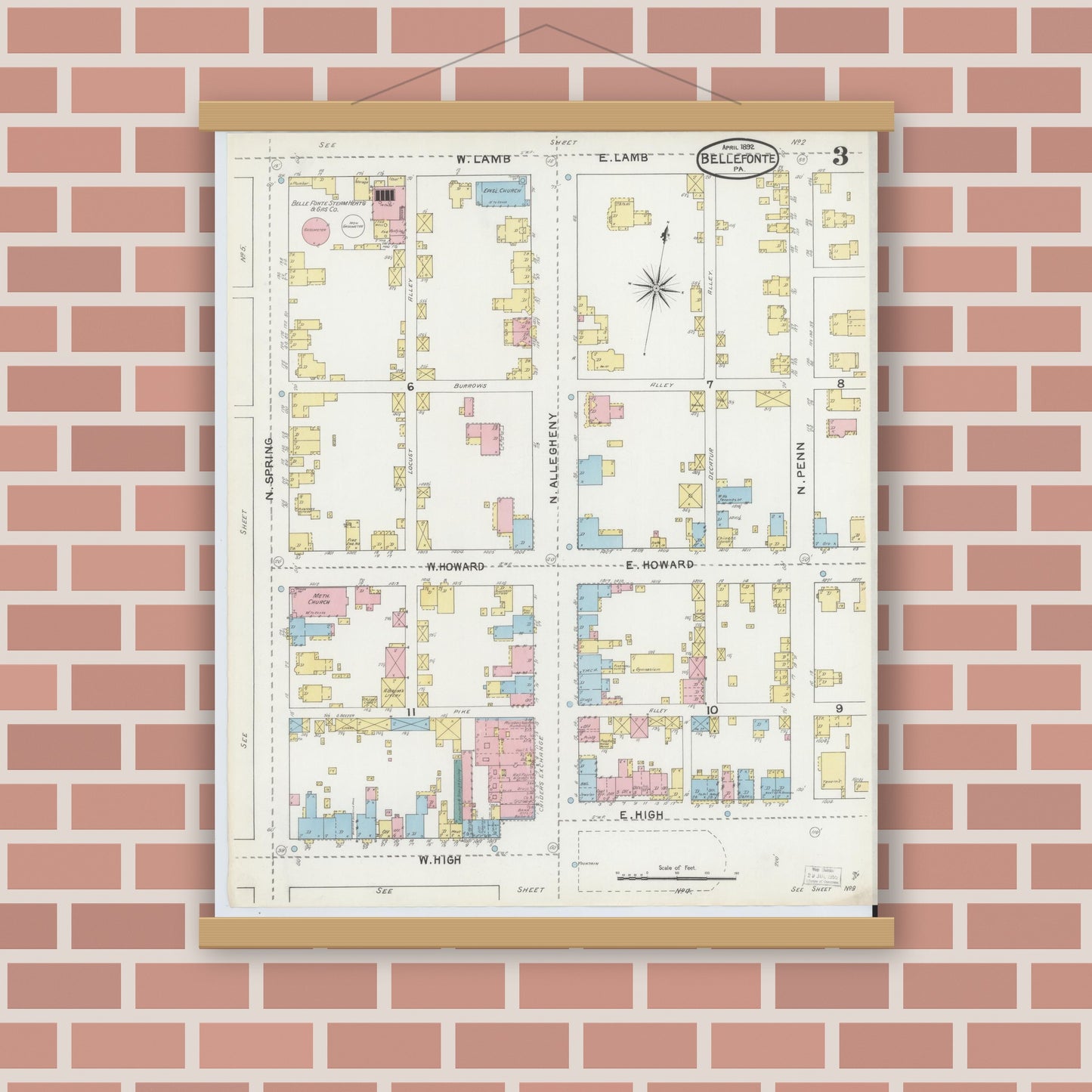 Old map wall art mockup — magnetic wood frame on brick wall — Sanborn Fire Insurance Map from Bellefonte, Centre County, Pennsylvania (1892), Sheet #0003