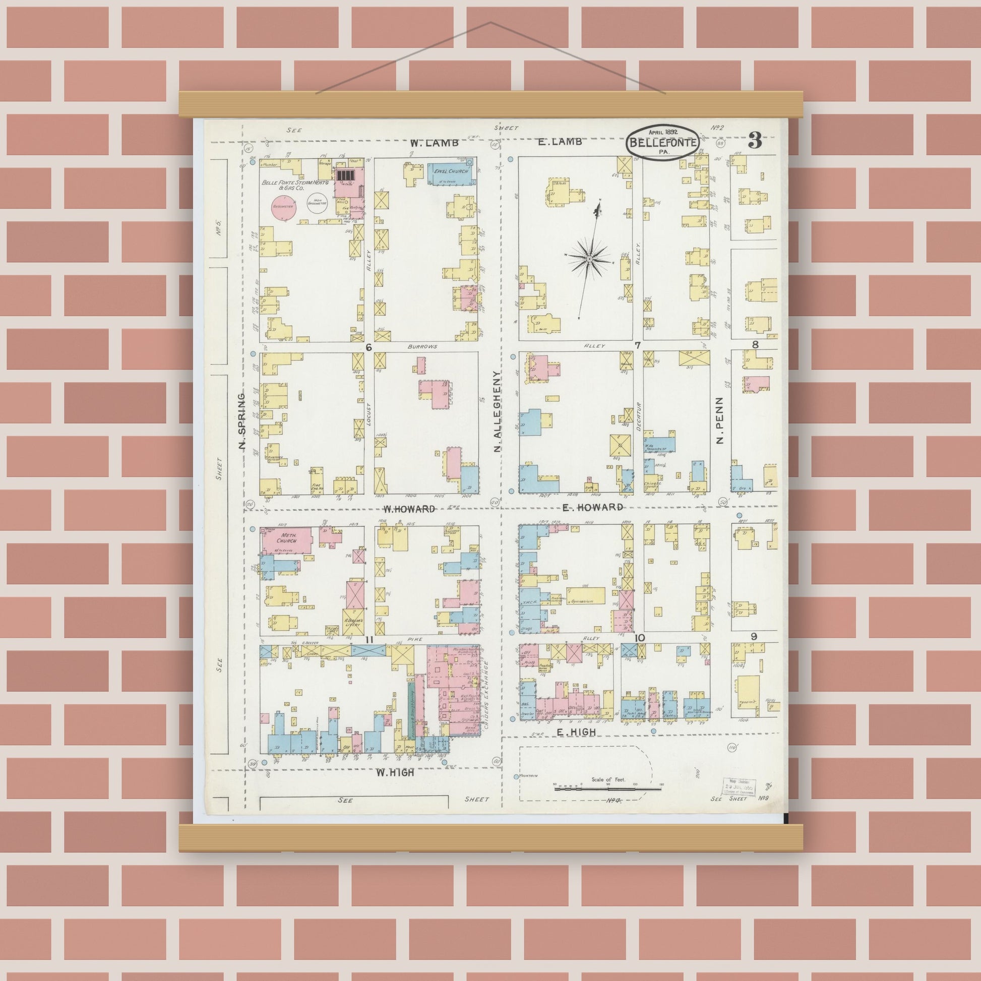 Old map wall art mockup — magnetic wood frame on brick wall — Sanborn Fire Insurance Map from Bellefonte, Centre County, Pennsylvania (1892), Sheet #0003