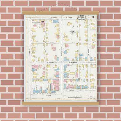 Old map wall art mockup — magnetic wood frame on brick wall — Sanborn Fire Insurance Map from Bellefonte, Centre County, Pennsylvania (1892), Sheet #0003