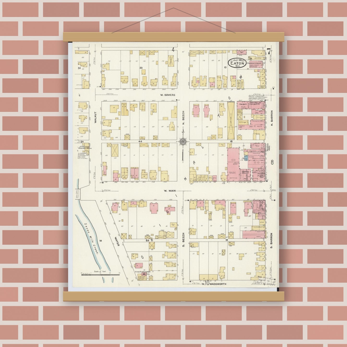 Old map wall art mockup — magnetic wood frame on brick wall — Sanborn Fire Insurance Map from Eaton, Preble County, Ohio (1911), Sheet #0007