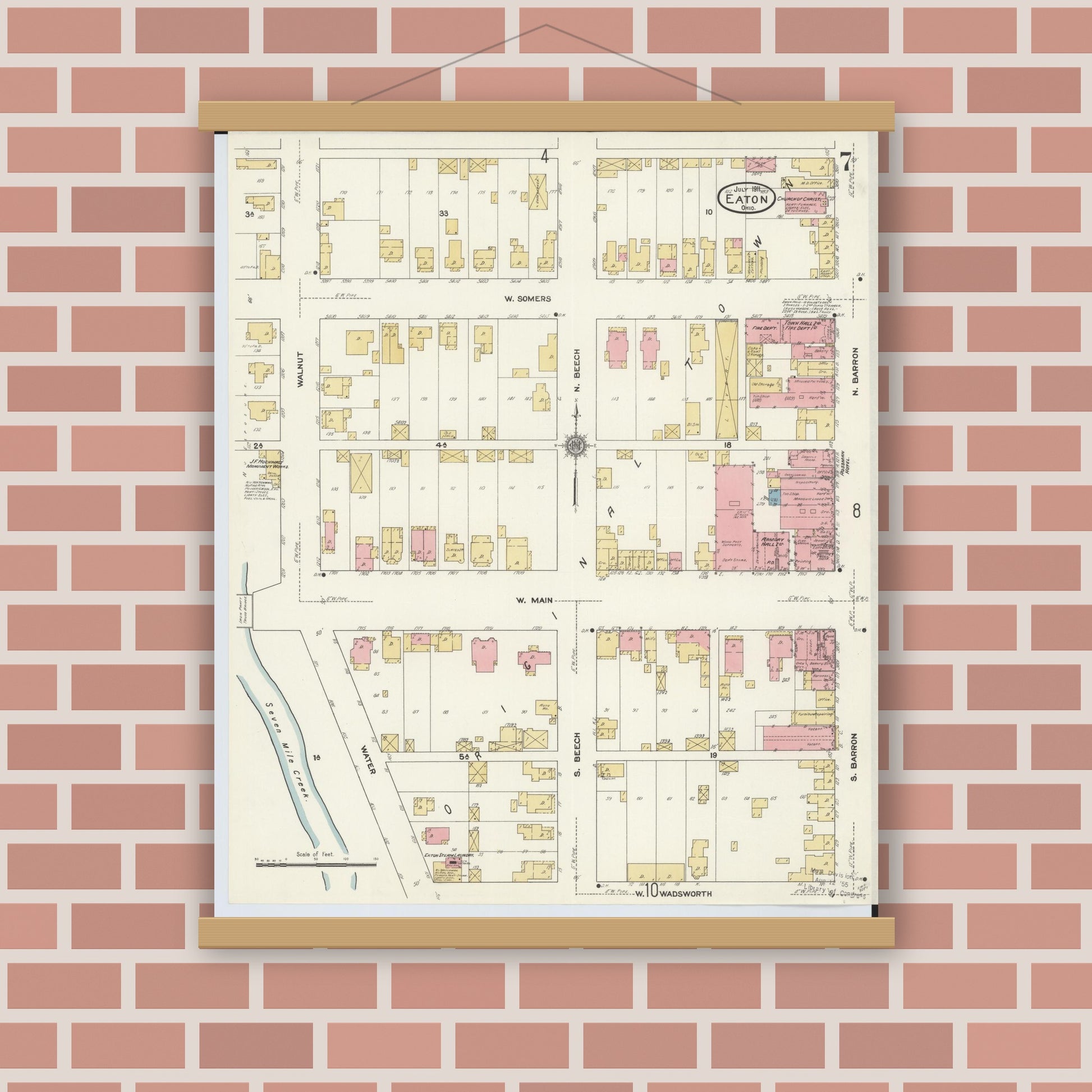 Old map wall art mockup — magnetic wood frame on brick wall — Sanborn Fire Insurance Map from Eaton, Preble County, Ohio (1911), Sheet #0007