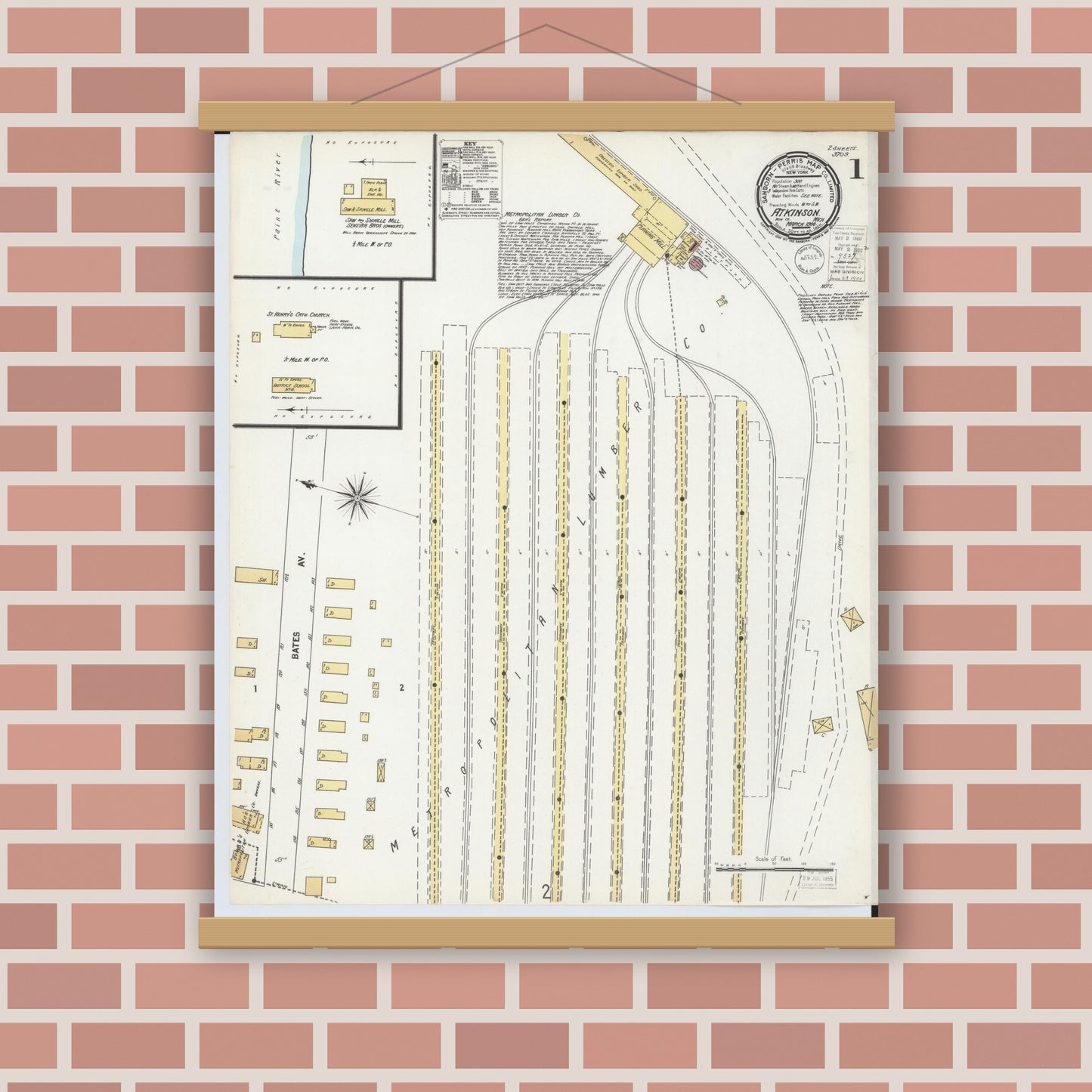 Old map wall art mockup — magnetic wood frame on brick wall — Sanborn Fire Insurance Map from Atkinson, Iron County, Michigan (1900) - Complete Map Set