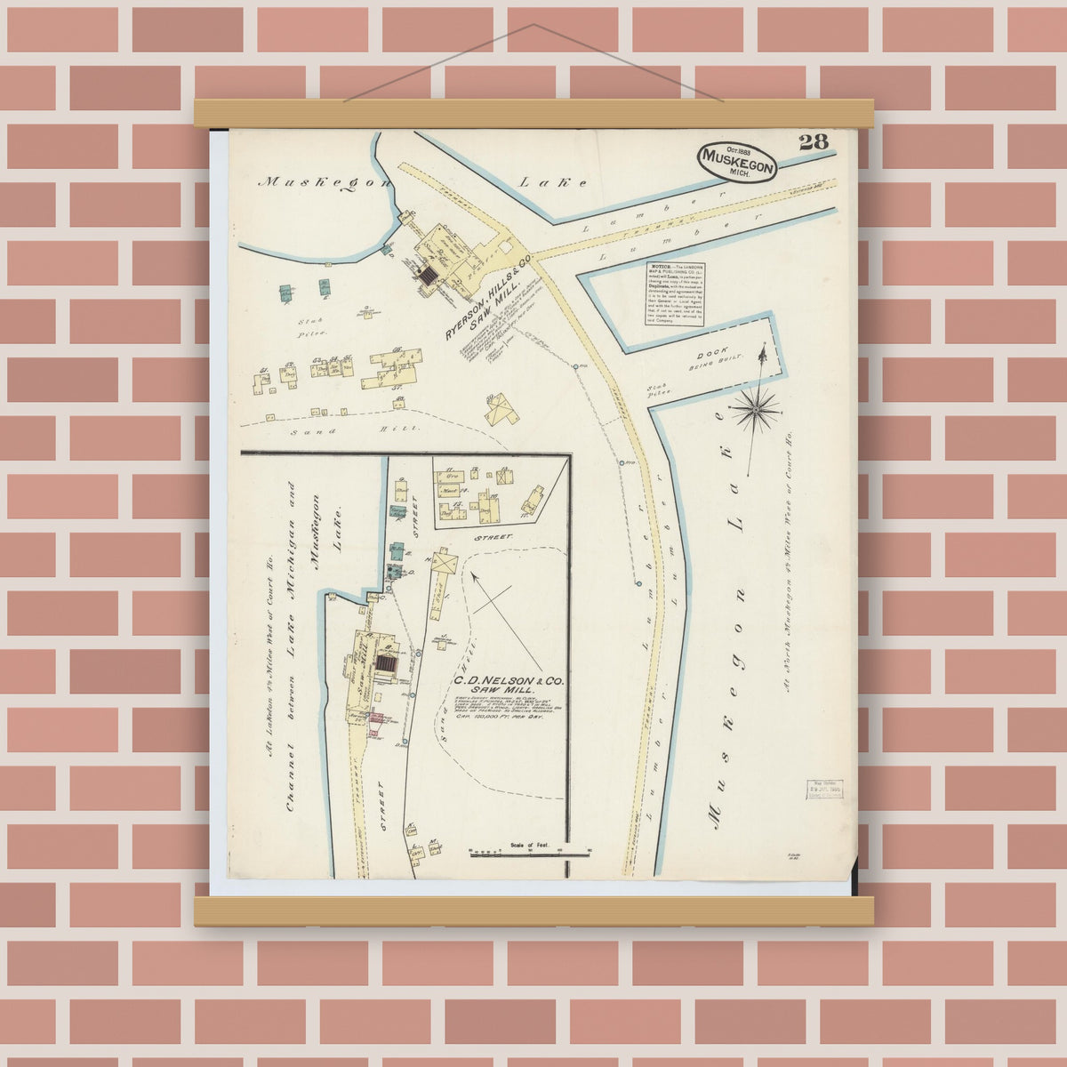 Old map wall art mockup — magnetic wood frame on brick wall — Sanborn Fire Insurance Map from Muskegon, Muskegon County, Michigan (1883), Sheet #0028