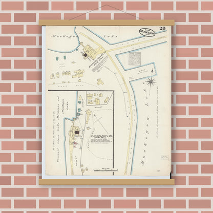 Old map wall art mockup — magnetic wood frame on brick wall — Sanborn Fire Insurance Map from Muskegon, Muskegon County, Michigan (1883), Sheet #0028