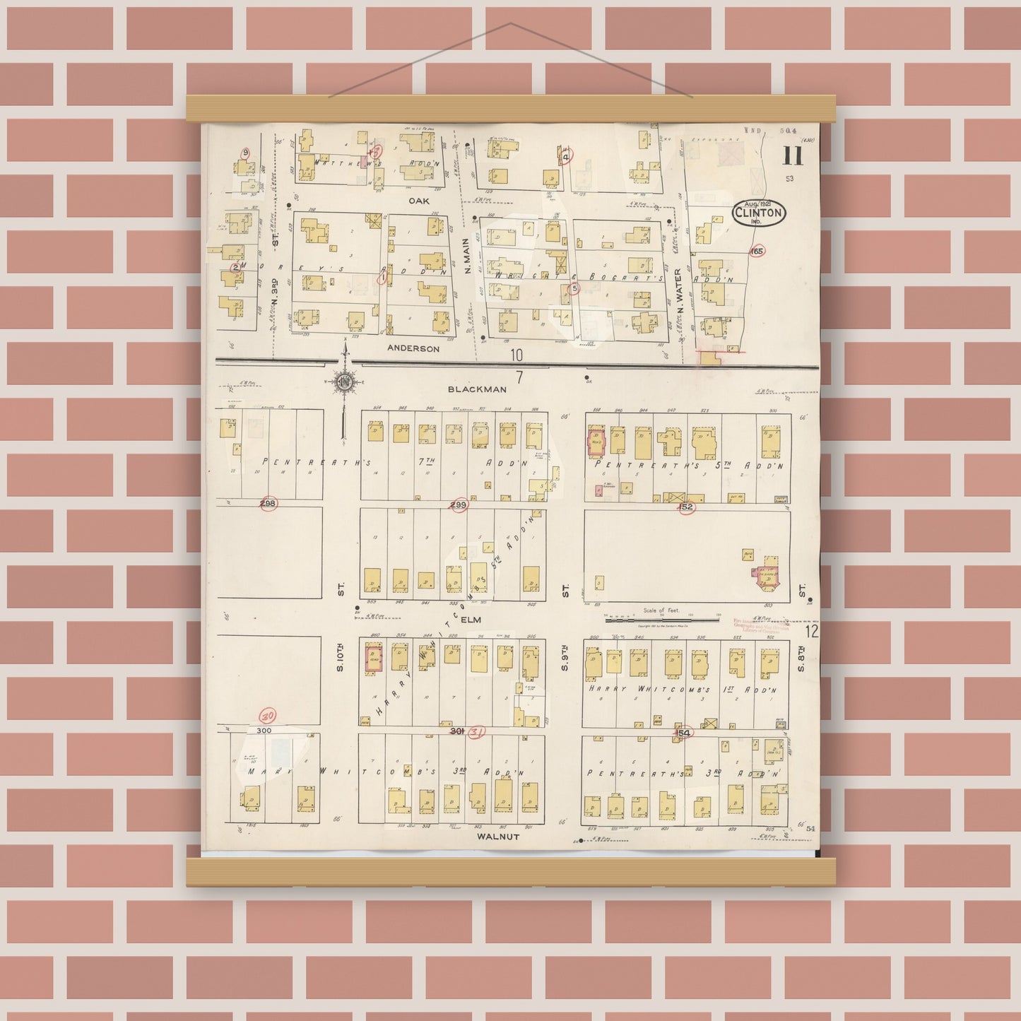 Old map wall art mockup — magnetic wood frame on brick wall — Sanborn Fire Insurance Map from Clinton, Vermillion County, Indiana (1947), Sheet #0011