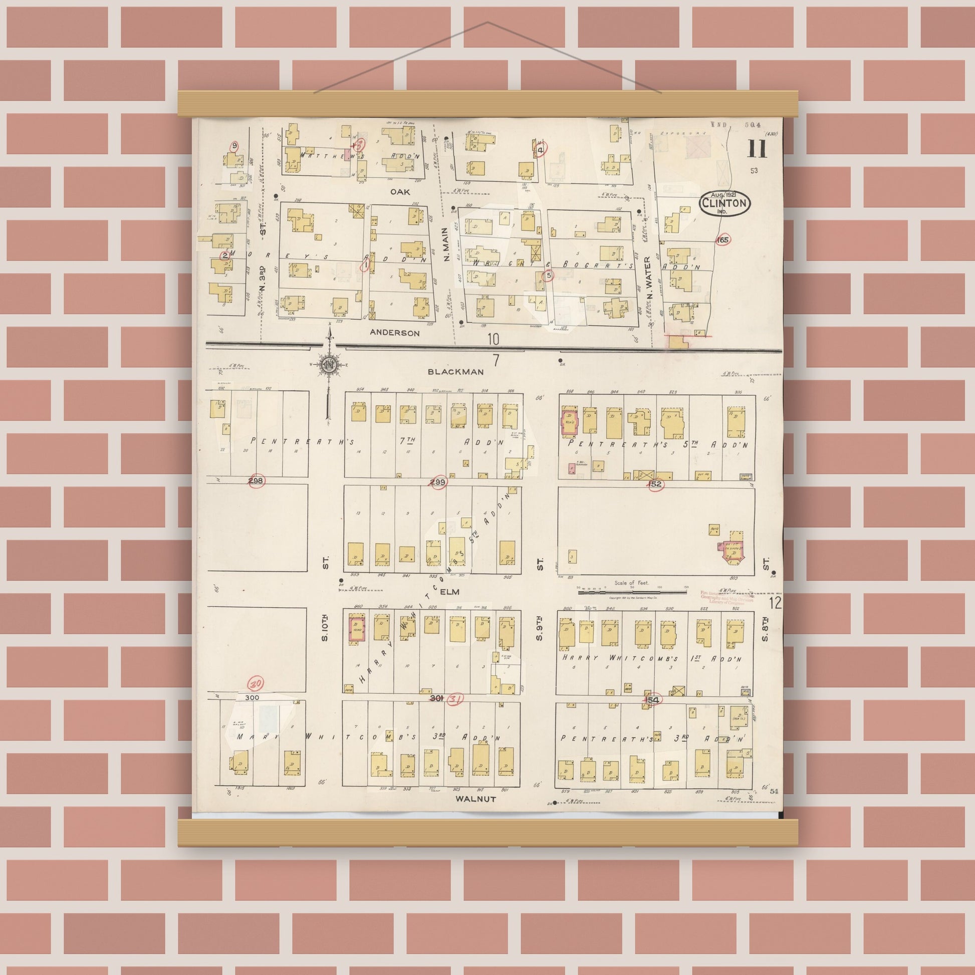 Old map wall art mockup — magnetic wood frame on brick wall — Sanborn Fire Insurance Map from Clinton, Vermillion County, Indiana (1947), Sheet #0011