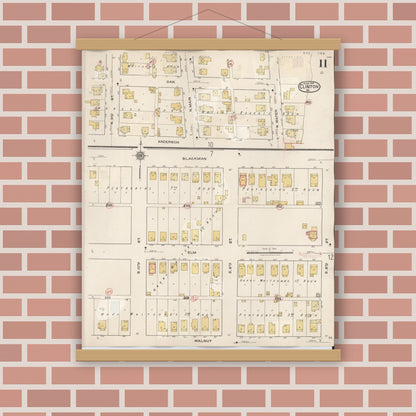 Old map wall art mockup — magnetic wood frame on brick wall — Sanborn Fire Insurance Map from Clinton, Vermillion County, Indiana (1947), Sheet #0011