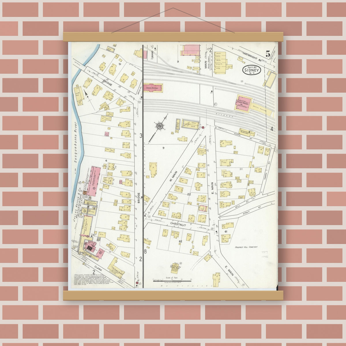 Old map wall art mockup — magnetic wood frame on brick wall — Sanborn Fire Insurance Map from Sidney, Delaware County, New York (1917), Sheet #0005