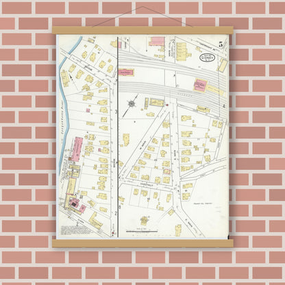 Old map wall art mockup — magnetic wood frame on brick wall — Sanborn Fire Insurance Map from Sidney, Delaware County, New York (1917), Sheet #0005