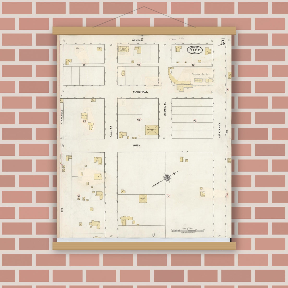 Old map wall art mockup — magnetic wood frame on brick wall — Sanborn Fire Insurance Map from Rice, Navarro County, Texas (1935), Sheet #0005