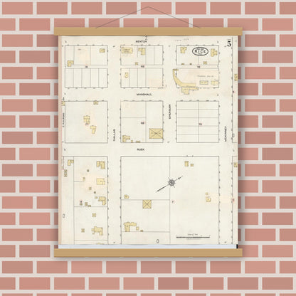 Old map wall art mockup — magnetic wood frame on brick wall — Sanborn Fire Insurance Map from Rice, Navarro County, Texas (1935), Sheet #0005