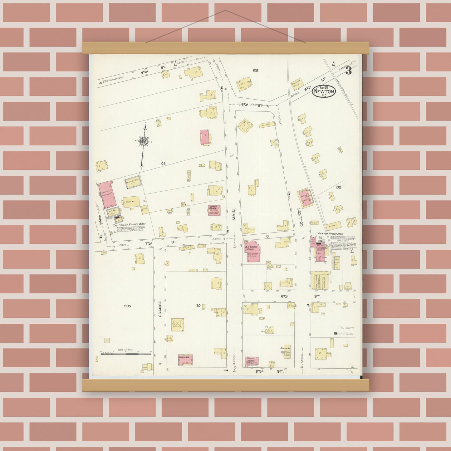 Old map wall art mockup — magnetic wood frame on brick wall — Sanborn Fire Insurance Map from Newton, Catawba County, North Carolina (1913), Sheet #0003