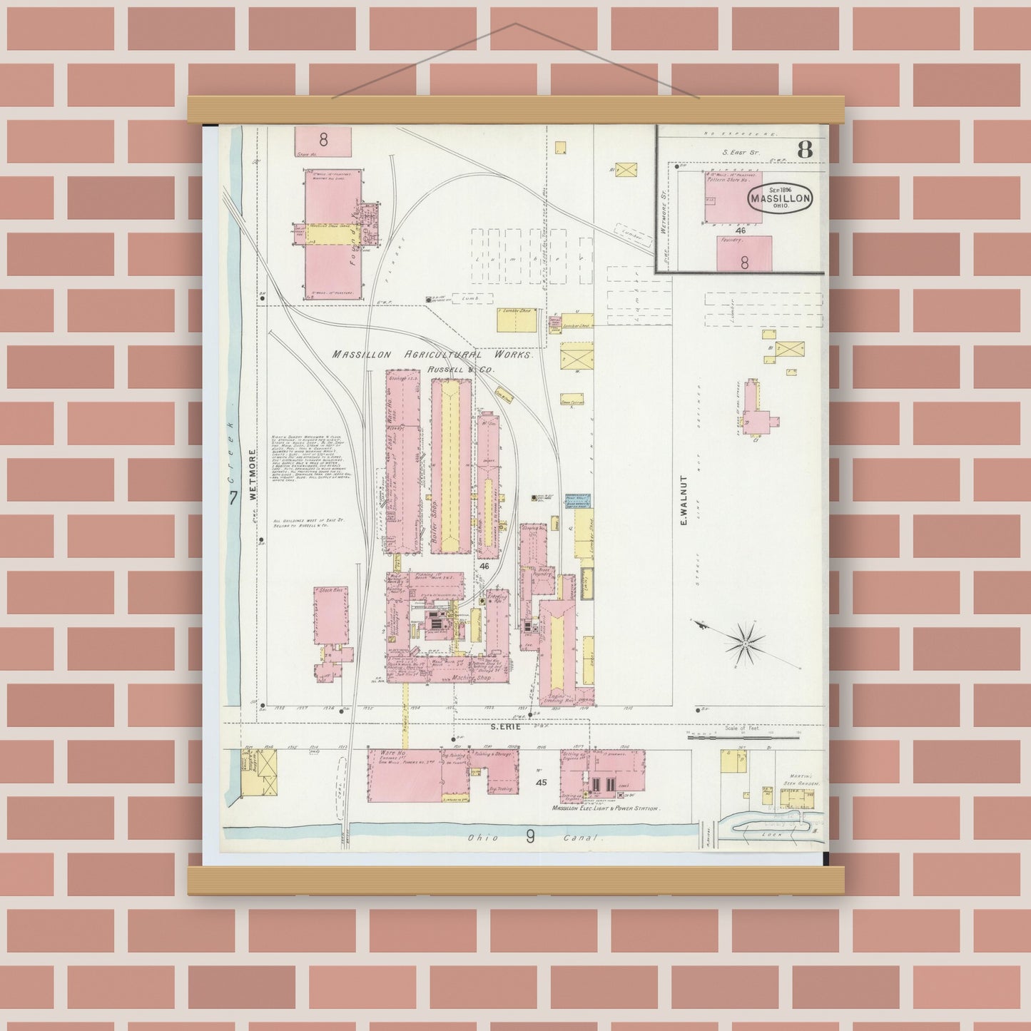 Old map wall art mockup — magnetic wood frame on brick wall — Sanborn Fire Insurance Map from Massillon, Stark County, Ohio (1896), Sheet #0008