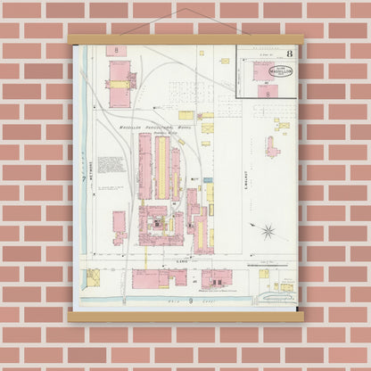 Old map wall art mockup — magnetic wood frame on brick wall — Sanborn Fire Insurance Map from Massillon, Stark County, Ohio (1896), Sheet #0008