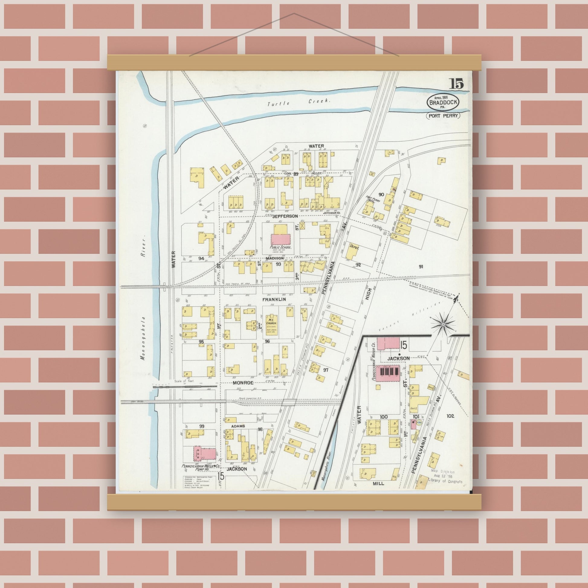 Old map wall art mockup — magnetic wood frame on brick wall — Sanborn Fire Insurance Map from Braddock, Allegheny County, Pennsylvania (1901), Sheet #0015
