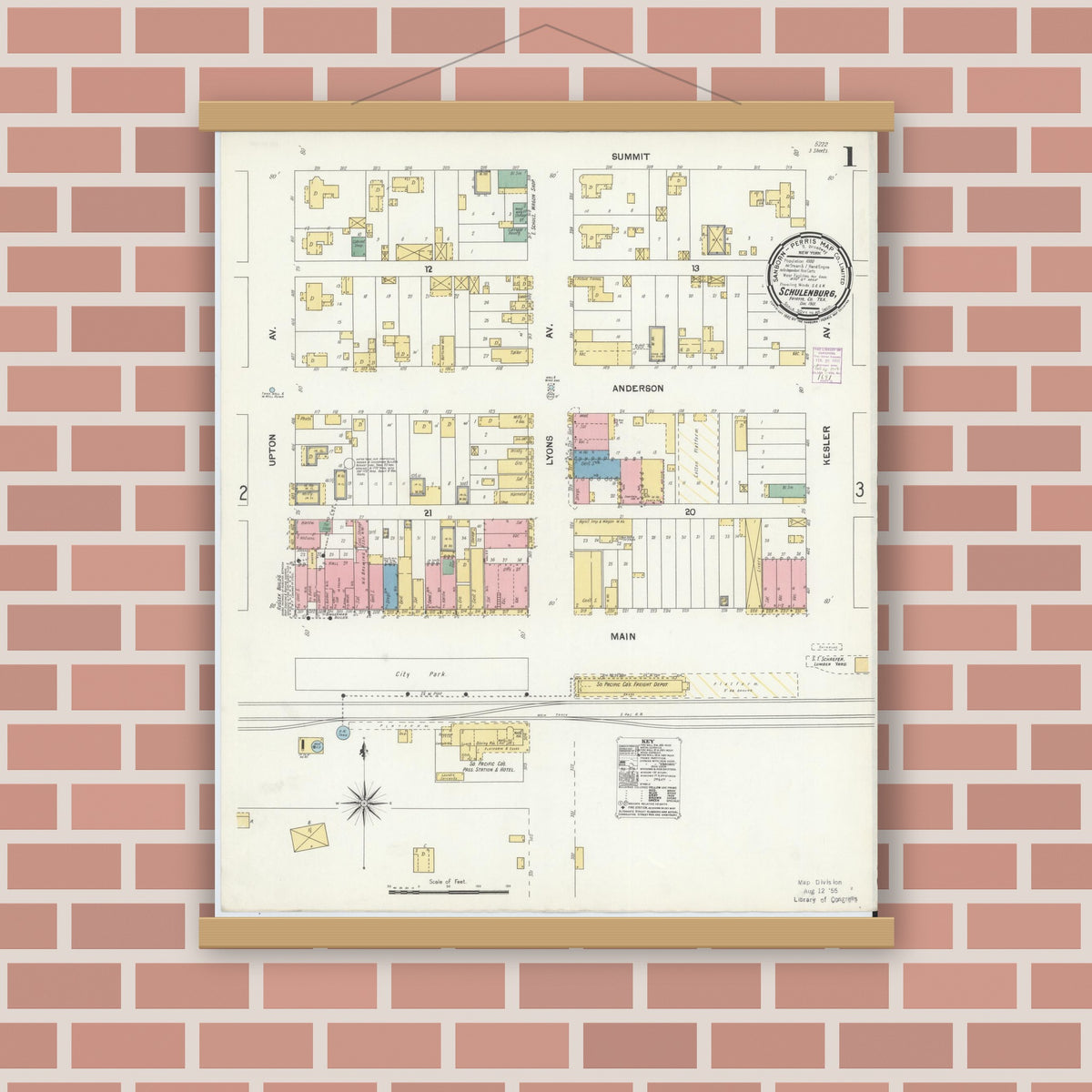 Old map wall art mockup — magnetic wood frame on brick wall — Sanborn Fire Insurance Map from Schulenburg, Fayette County, Texas (1901) - Complete Map Set
