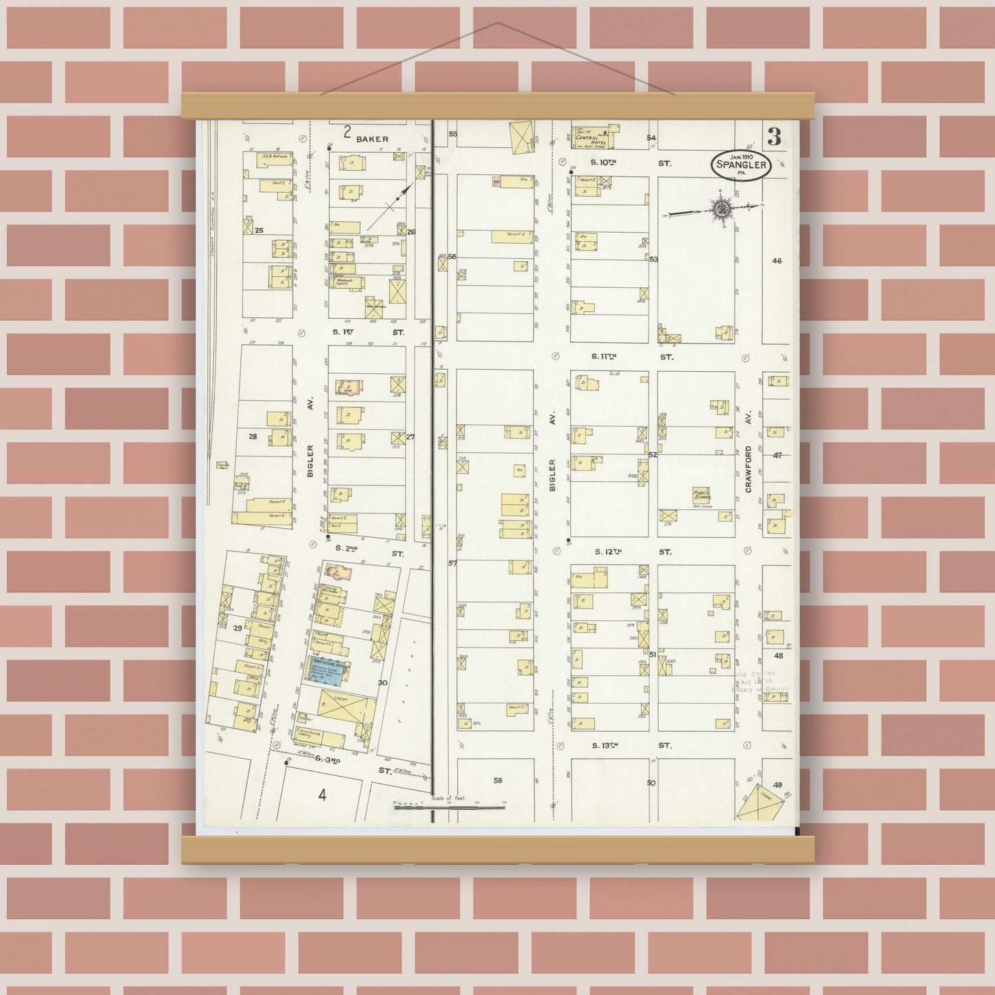Old map wall art mockup — magnetic wood frame on brick wall — Sanborn Fire Insurance Map from Spangler, Cambria County, Pennsylvania (1910), Sheet #0003