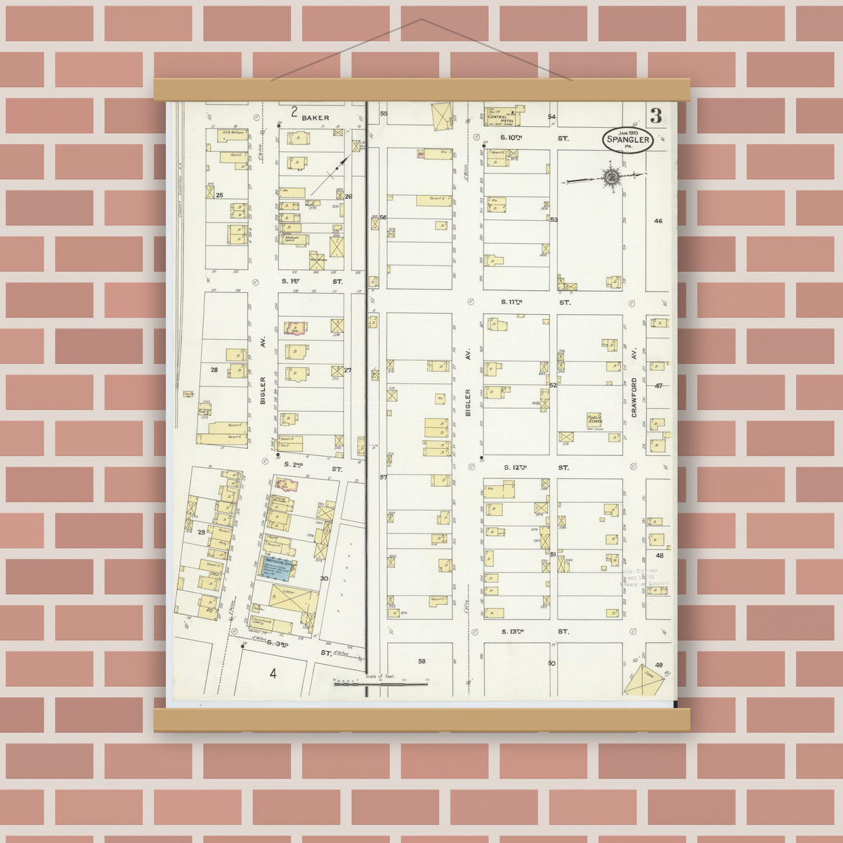 Old map wall art mockup — magnetic wood frame on brick wall — Sanborn Fire Insurance Map from Spangler, Cambria County, Pennsylvania (1910), Sheet #0003