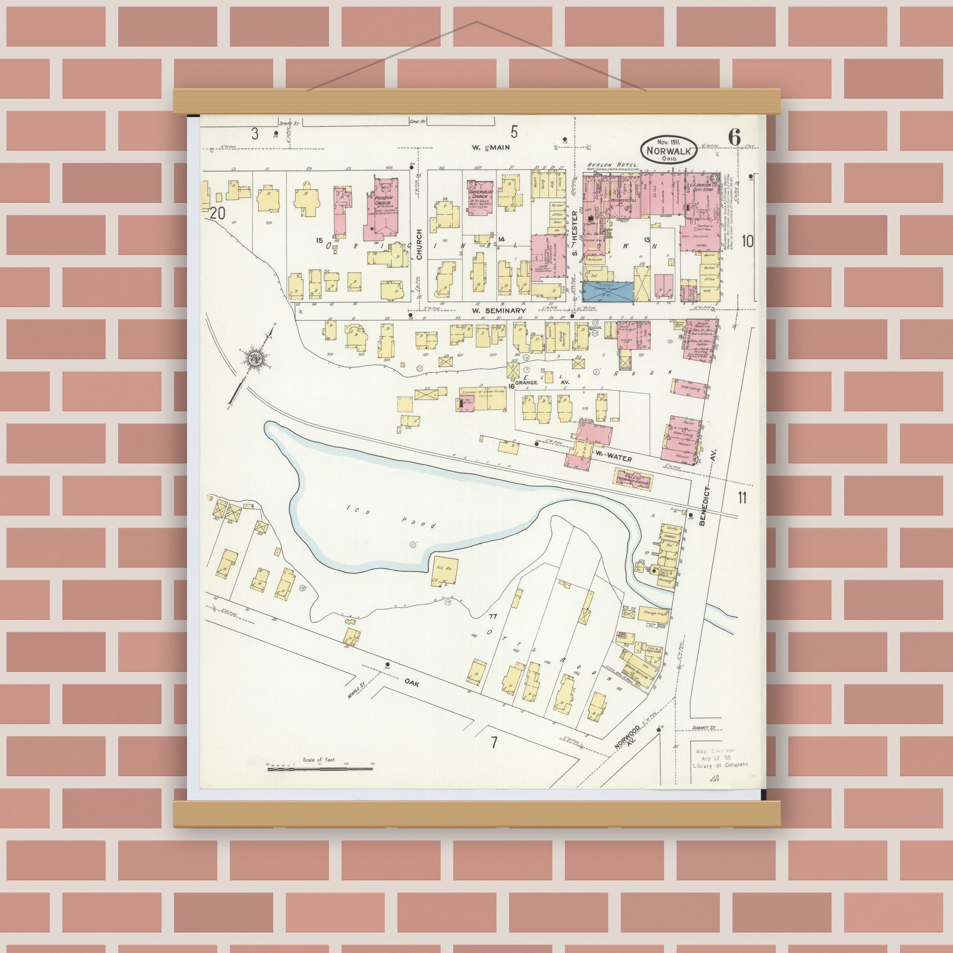 Old map wall art mockup — magnetic wood frame on brick wall — Sanborn Fire Insurance Map from Norwalk, Huron County, Ohio (1911), Sheet #0006