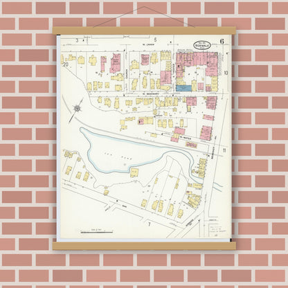 Old map wall art mockup — magnetic wood frame on brick wall — Sanborn Fire Insurance Map from Norwalk, Huron County, Ohio (1911), Sheet #0006