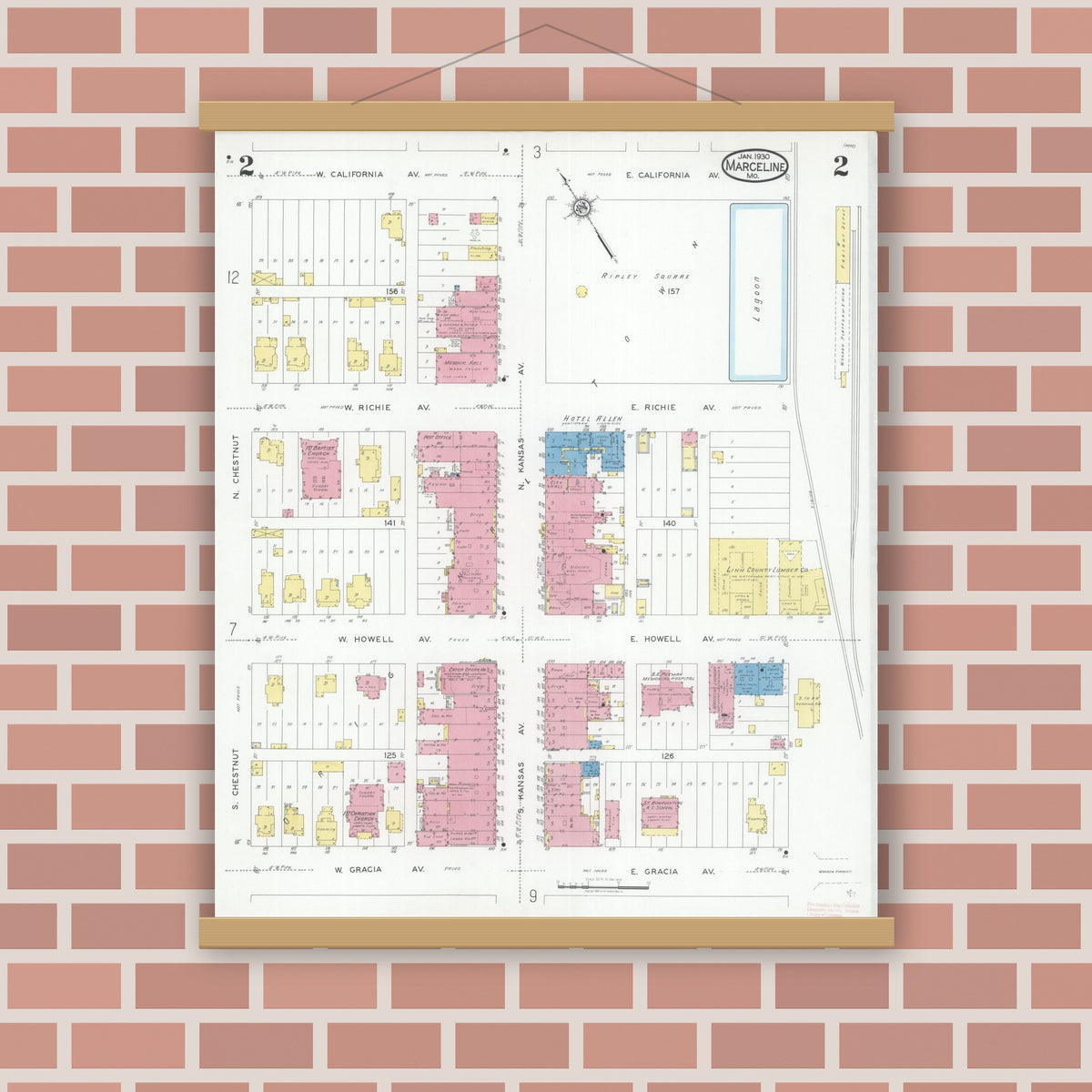 Old map wall art mockup — magnetic wood frame on brick wall — Sanborn Fire Insurance Map from Marceline, Linn County, Missouri (1930), Sheet #0002