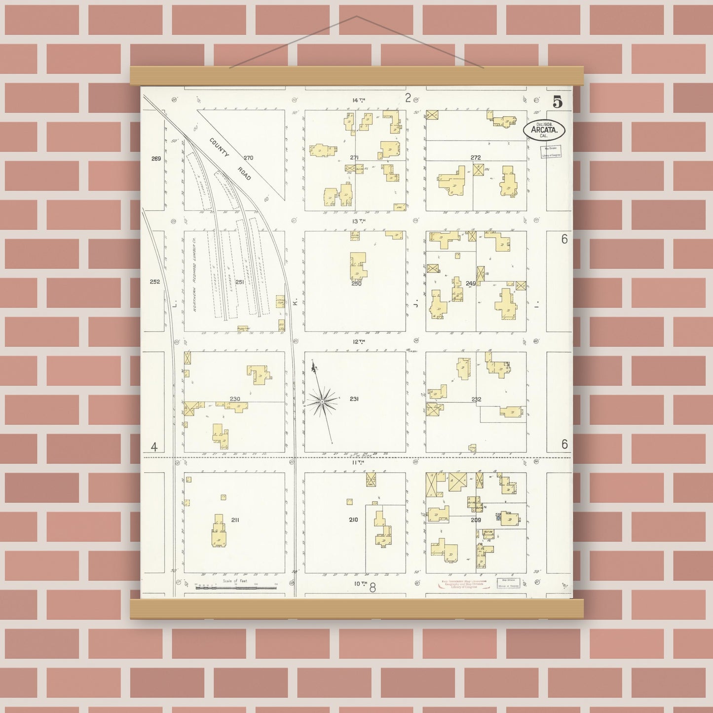 Old map wall art mockup — magnetic wood frame on brick wall — Sanborn Fire Insurance Map from Arcata, Humboldt County, California (1908), Sheet #0005