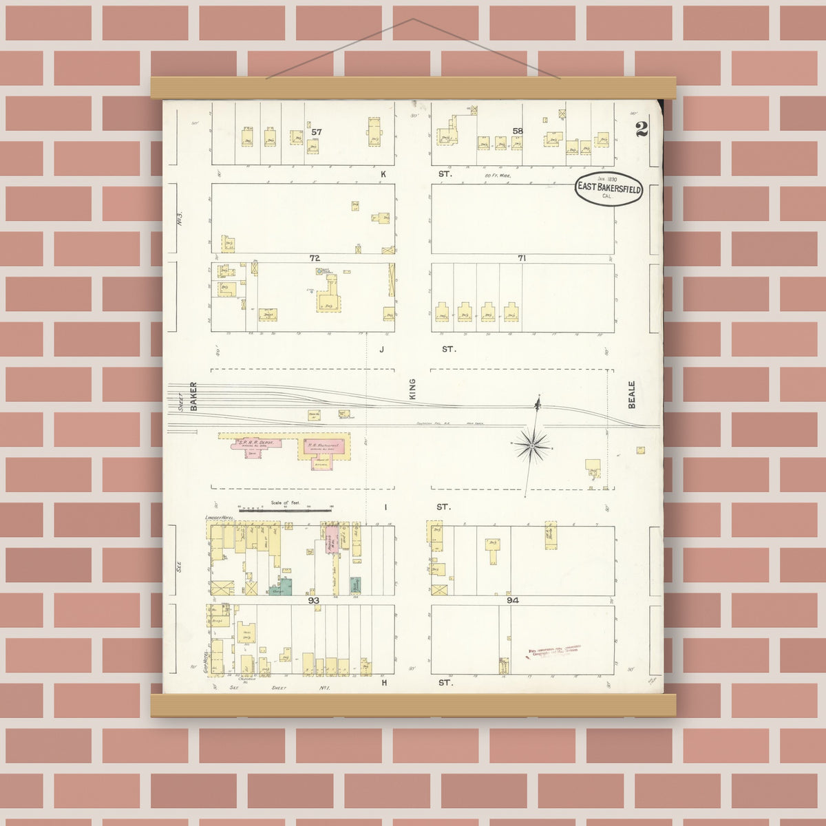 Old map wall art mockup — magnetic wood frame on brick wall — Sanborn Fire Insurance Map from East Bakersfield, Kern County, California (1890), Sheet #0002