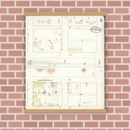 Old map wall art mockup — magnetic wood frame on brick wall — Sanborn Fire Insurance Map from East Bakersfield, Kern County, California (1890), Sheet #0002