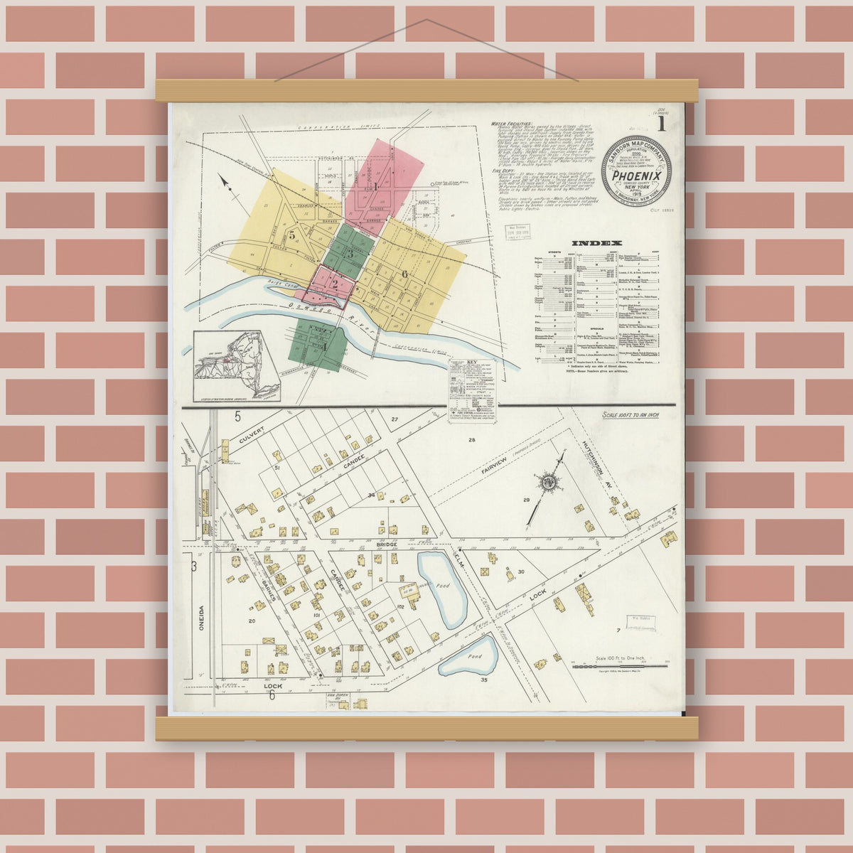 Old map wall art mockup — magnetic wood frame on brick wall — Sanborn Fire Insurance Map from Phoenix, Oswego County, New York (1919), Sheet #0001