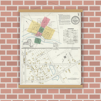 Old map wall art mockup — magnetic wood frame on brick wall — Sanborn Fire Insurance Map from Phoenix, Oswego County, New York (1919), Sheet #0001