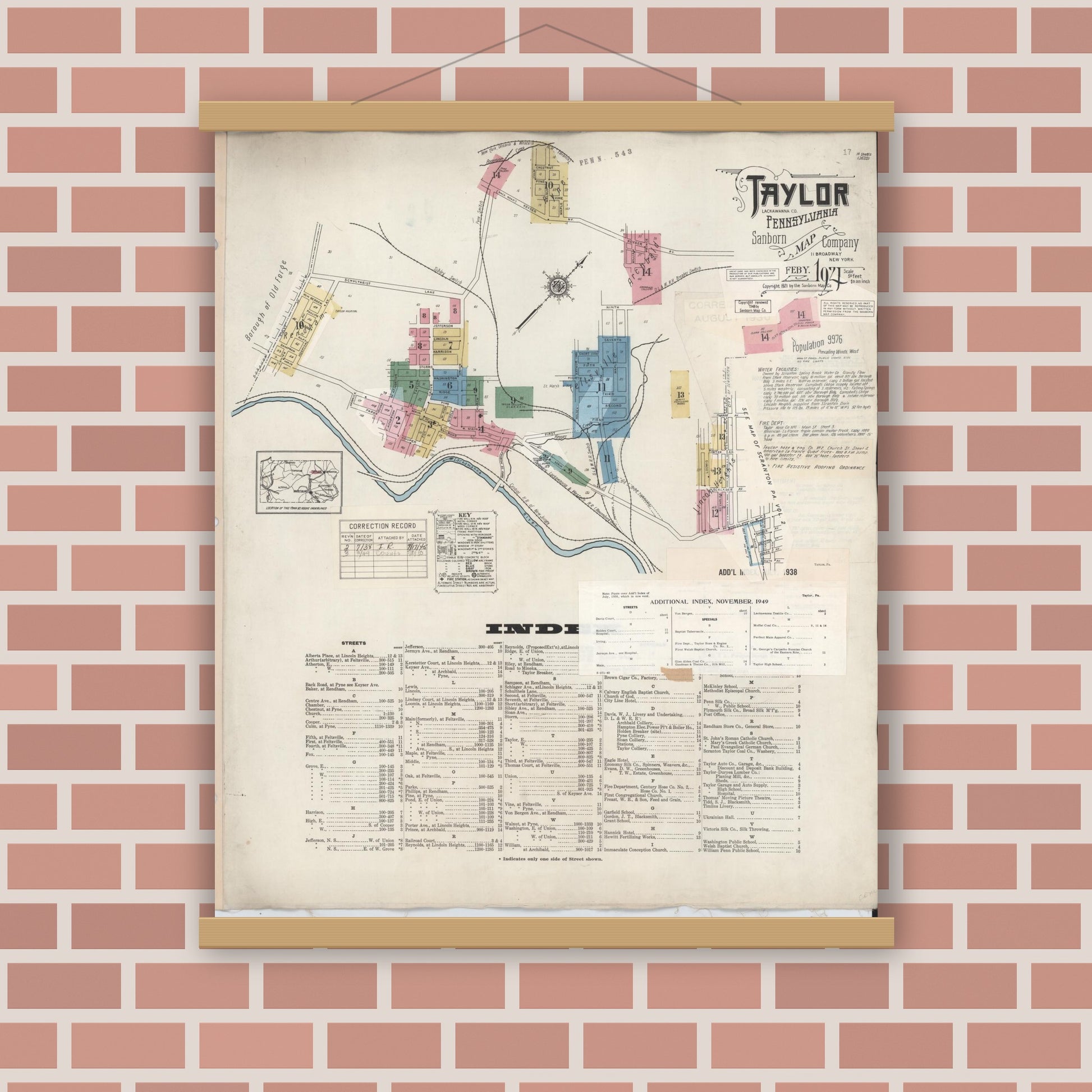 Old map wall art mockup — magnetic wood frame on brick wall — Sanborn Fire Insurance Map from Taylor, Lackawanna County, Pennsylvania (1949), Sheet #0001