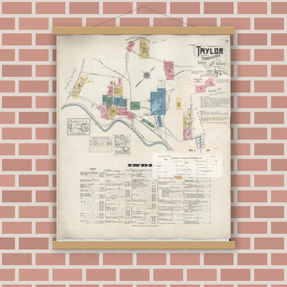 Old map wall art mockup — magnetic wood frame on brick wall — Sanborn Fire Insurance Map from Taylor, Lackawanna County, Pennsylvania (1949), Sheet #0001