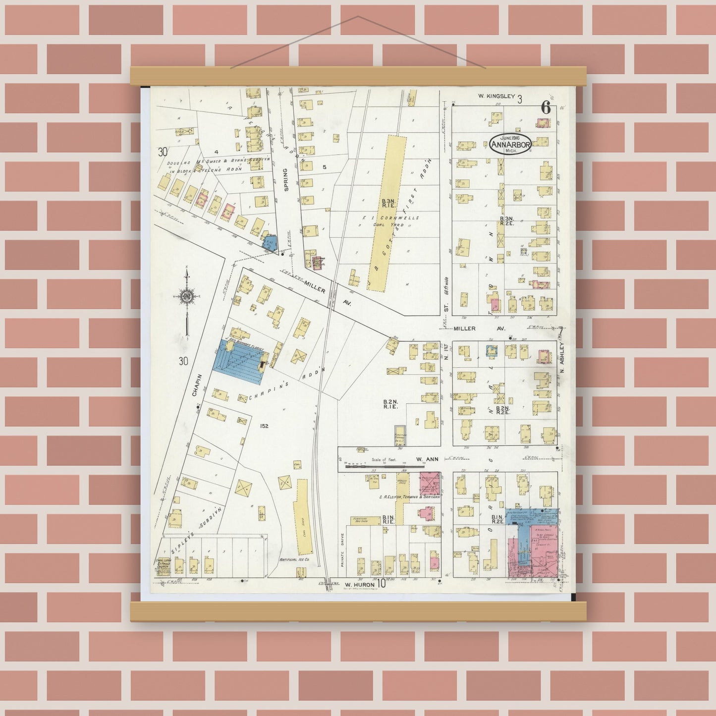 Old map wall art mockup — magnetic wood frame on brick wall — Sanborn Fire Insurance Map from Ann Arbor, Washtenaw County, Michigan (1916), Sheet #0006
