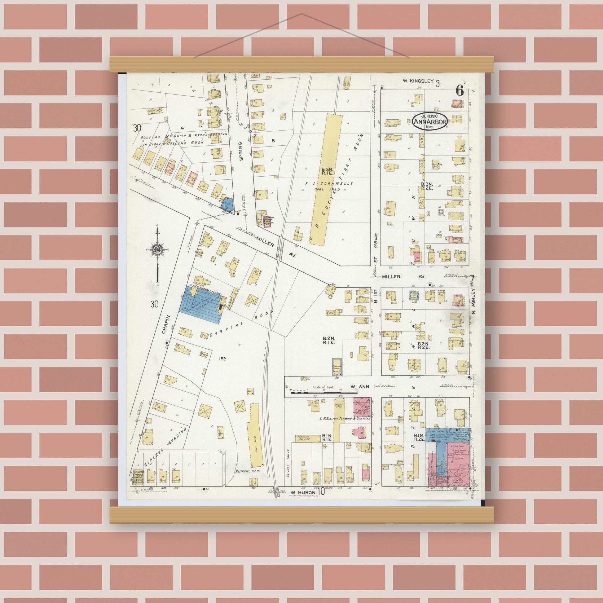 Old map wall art mockup — magnetic wood frame on brick wall — Sanborn Fire Insurance Map from Ann Arbor, Washtenaw County, Michigan (1916), Sheet #0006